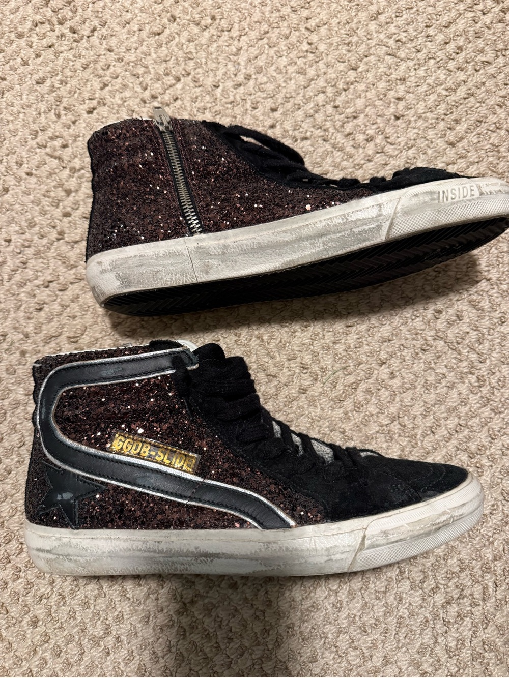 Golden Goose Black Glitter Mid-Top Sneakers with White Sole barely worn